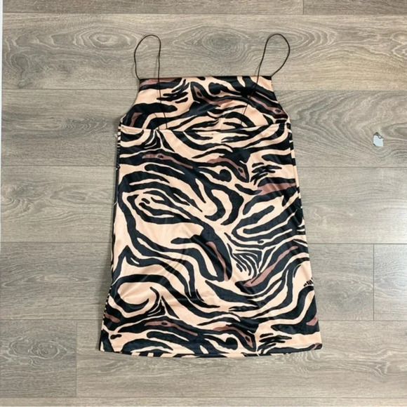 Zara Tiger Animal Print Cowl Neck Satin Slip Mini Dress Size Medium Brown Tan - Picture 14 of 16